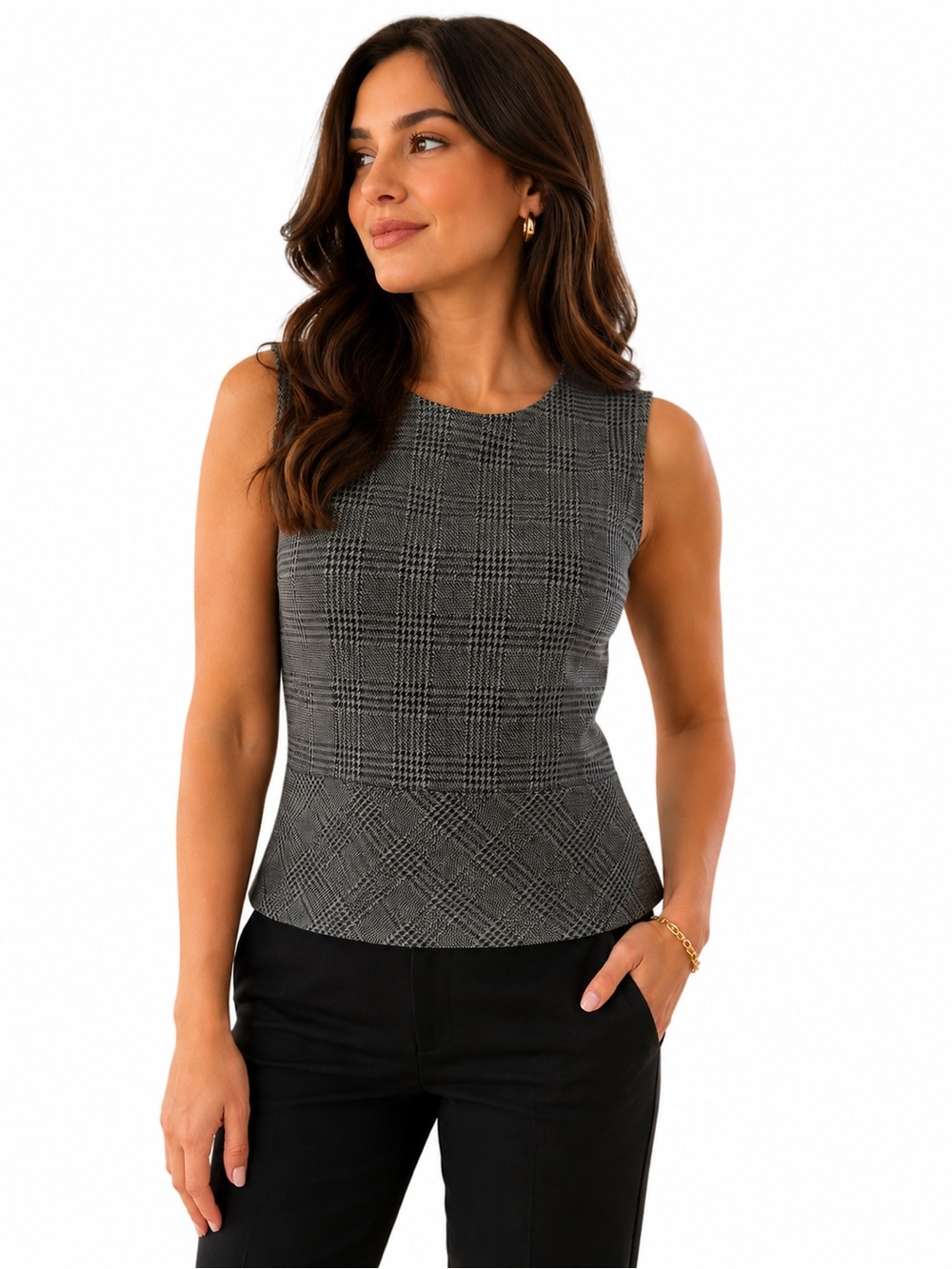 Ann Taylor Gray and Black Plaid Sleeveless Peplum Top